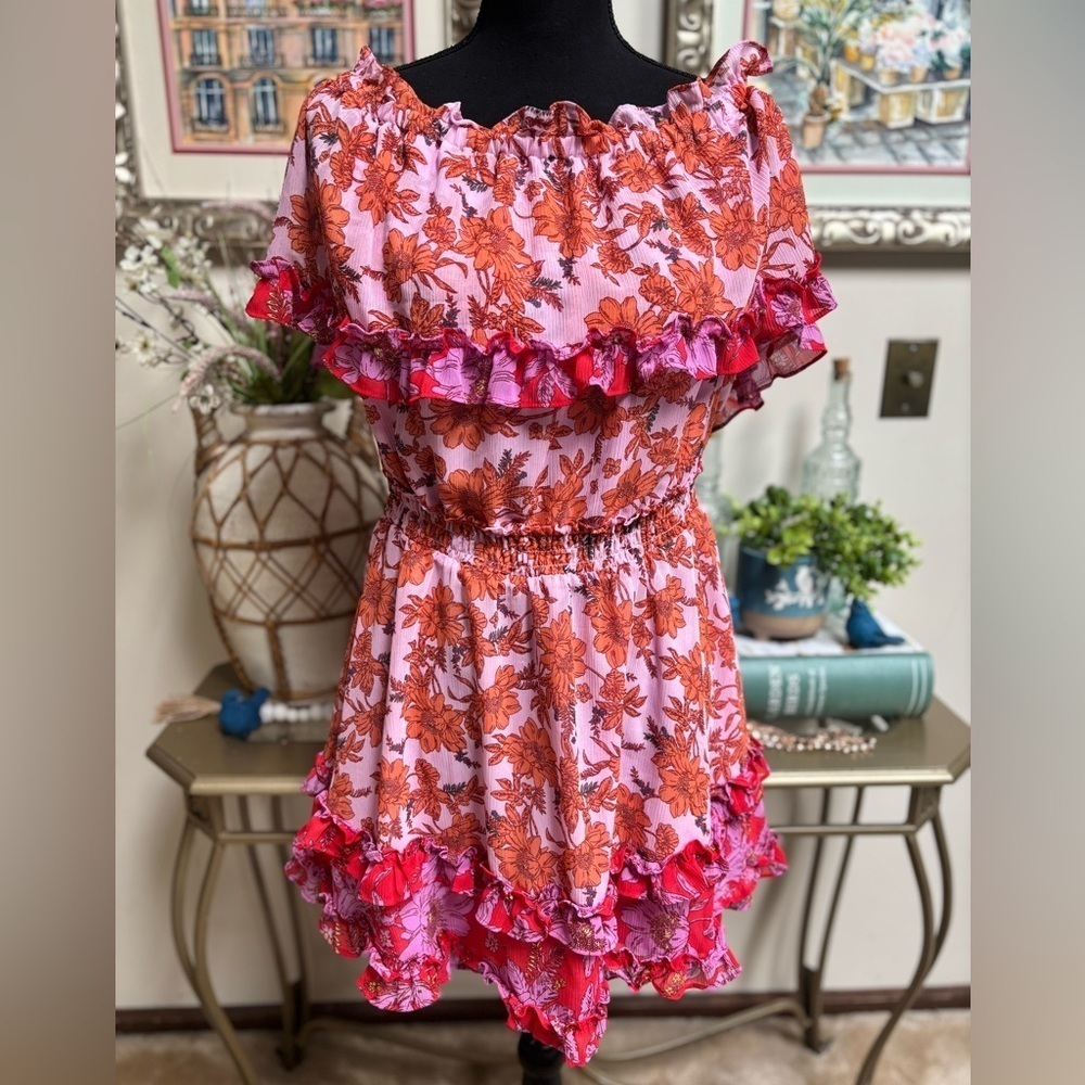 JESSICA SIMPSON PINK & ORANGE RUFFLE FLORAL PRINT OFF SHOULDER MINI DRESS SZ L